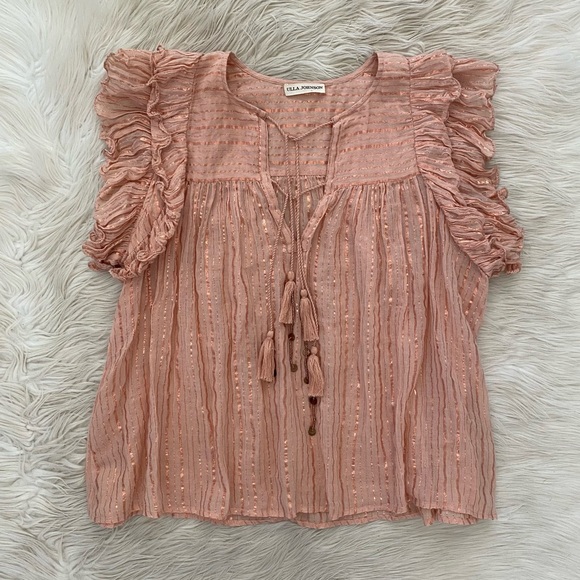 Ulla Johnson Blush Pink Metallic Stripe Ruffle Sleeve Tie Neck Cora Top Blouse - Picture 3 of 14